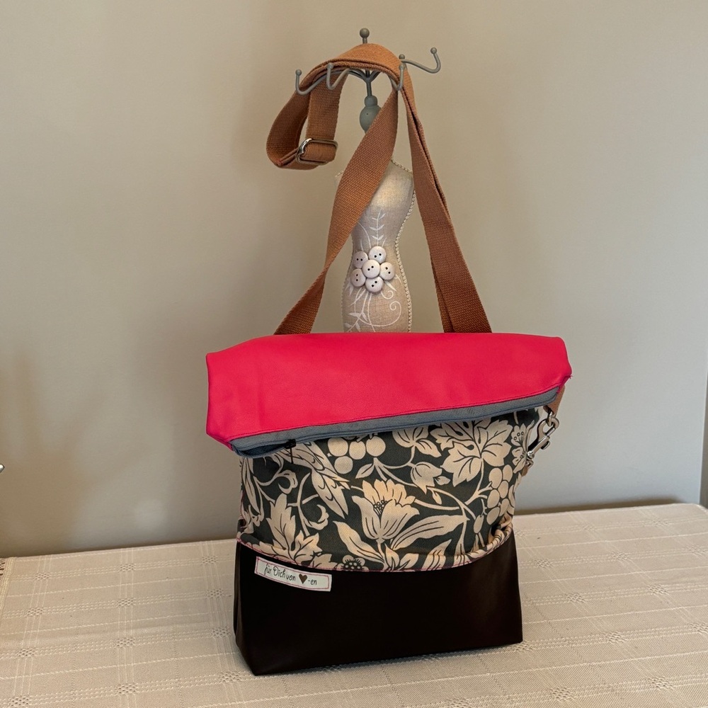 Hand-made Faux Leather and Floral Fabric Fold-over Crossbody Bag Made in Germany